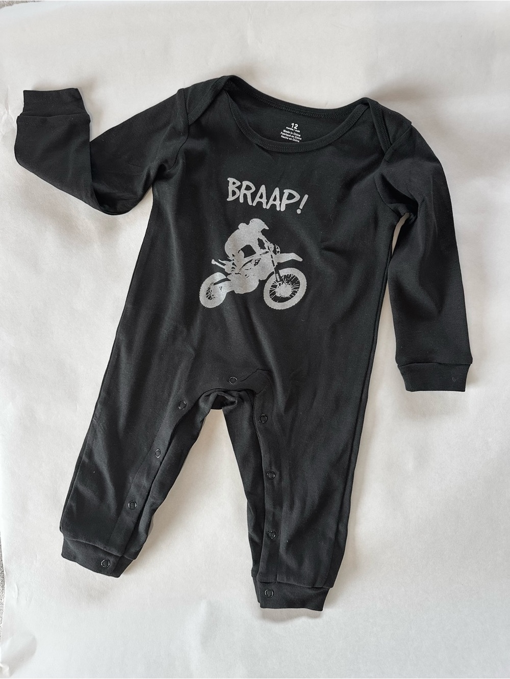 NWOT 'Braap!' Motorbike Graphic Baby Button One-Piece
